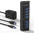 USB Hub 3.0 Powered Rosonway Aluminum 7 Ports USB 3.0 Data Hub Splitter with 24W (12V/2A) Power Adapter and Individual On/Off Switches USB Port Expander for PC and Laptop (RSH-A37S