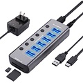 Powered USB C/USB 3.0 Hub, cenmate 8 Ports USB Data Hub with TF/SD Card Reader, 6 USB 3.0 Ports, Individual Switches and Power Adapter, Aluminum USB Splitter Hub for PC, MacBook, L
