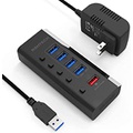 Powered USB Hub, RSHTECH USB 3 Hub with 4 USB 3.0 Data Ports + 1 USB Fast Charging Port, USB Splitter with 24W(12V/2A) Power Adapter and Individual On/Off Switches(A35-Black)