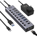 LIONWEI Powered USB 3.0/USB C Hub,10-Port USB Splitter with Ethernet Port, 3 USB A Charging, 4 USB A 3.0, 2 USB C Data Transfer, Individual On/Off Switch 60W AC Adapter, USB Hub for Laptop