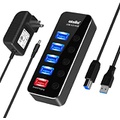 Powered USB Hub, atolla Aluminum 5-Port USB 3.0 Hub with 4 USB 3.0 Data Ports and 1 USB Smart Charging Port, USB Splitter with 5V/3A Power Adapter and Individual Switches
