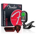 Fender 250L Super Electric Guitar Strings 3-Pack NT100 Clip-On Tuner and 12-Pack Tortoiseshell Picks Package