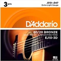 DAddario EJ10-3D 80/20 Bronze Extra Light Acoustic Guitar Strings - 3 Sets 10 - 47