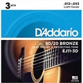 DAddario EJ11-3D 80/20 Bronze Light Acoustic Guitar Strings 3-Pack